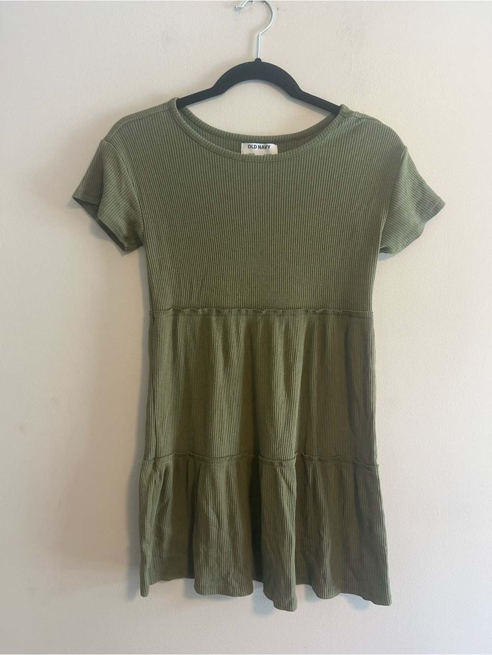 Old Navy Girls 10/12 Olive Green Ribbed Tiered short sleeve Dress